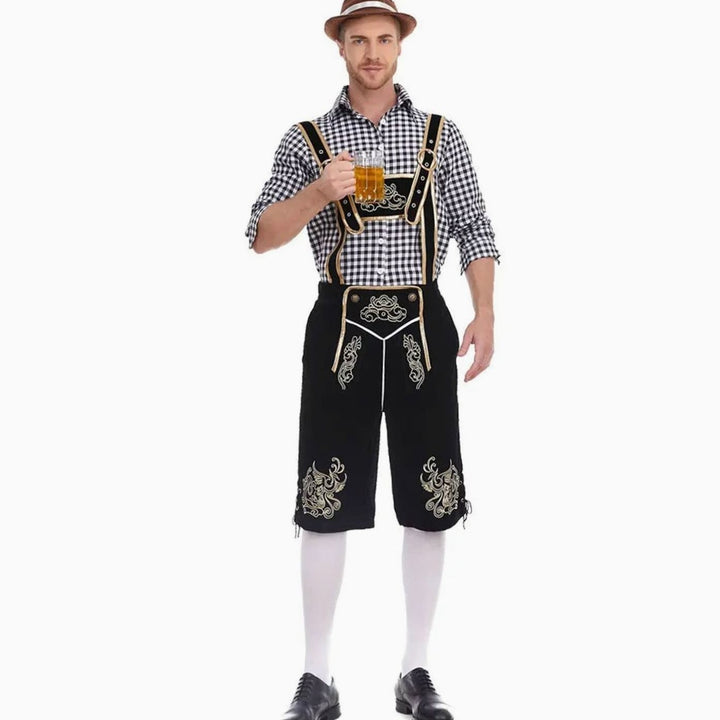 Herren Oktoberfest Kostüm mit schwarzer Kniebundhose und Karohemd, Hut und Bierkrug