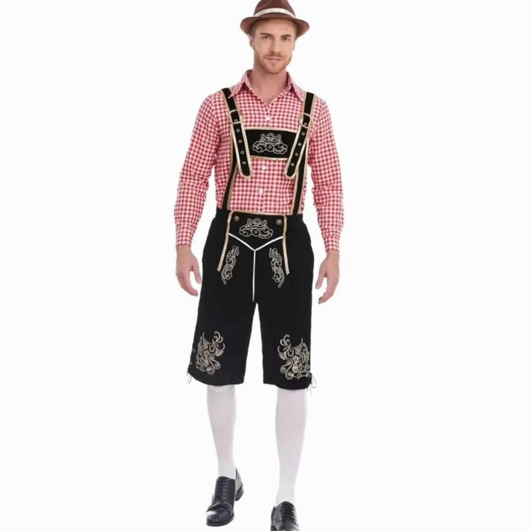 Trachtenkostüm schwarze Hose mit goldener Verzierung und rot-weißem Karohemd