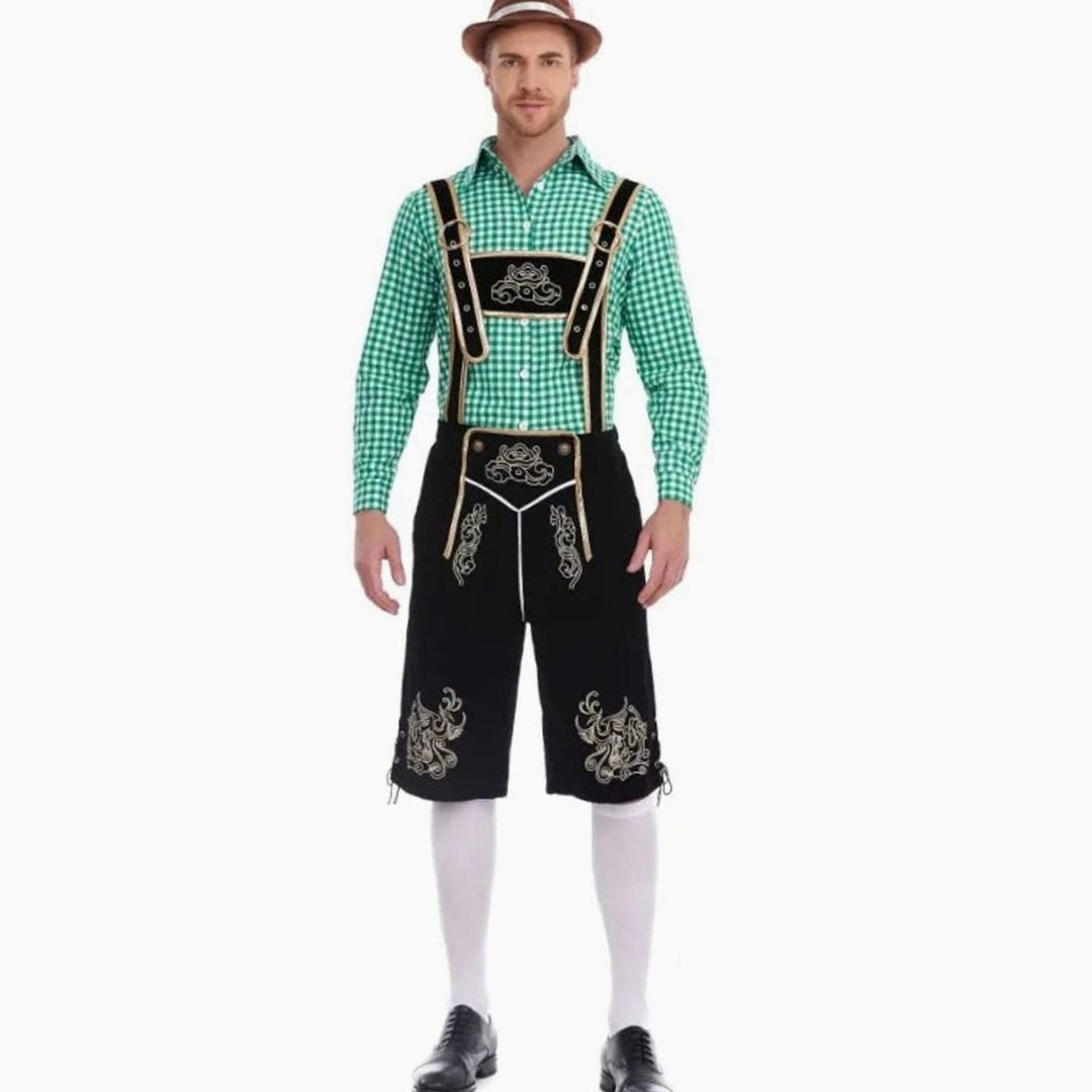 Oktoberfest Kniebundhose schwarz mit grünem Karohemd und Trachtenhut