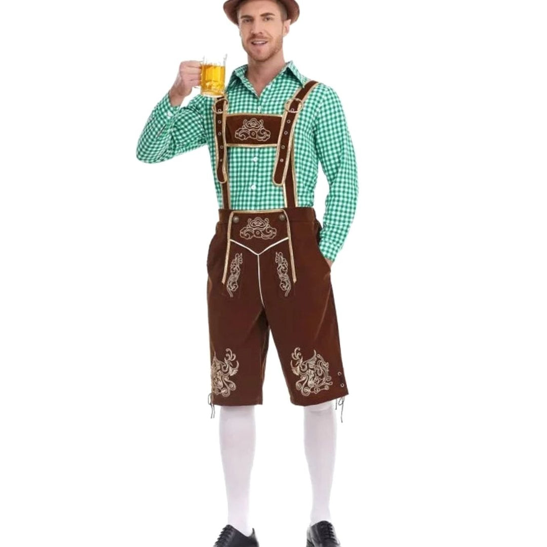 Herren Trachten-Set braune Lederhosen-Stil Hose mit grünem Karohemd und Bierkrug