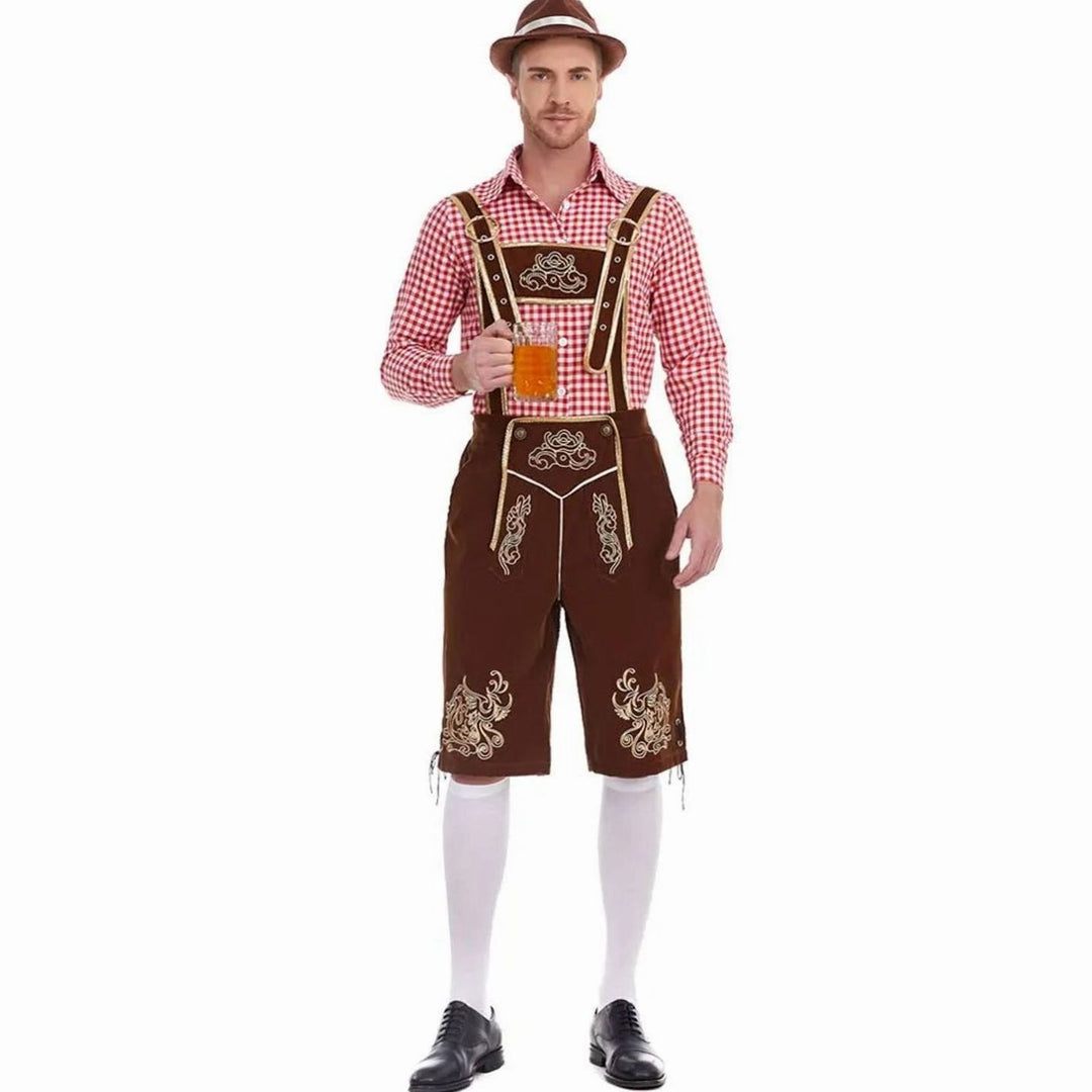 Trachten-Set mit braunem Lederhosen-Stil und rot-weißem Karohemd für Herren