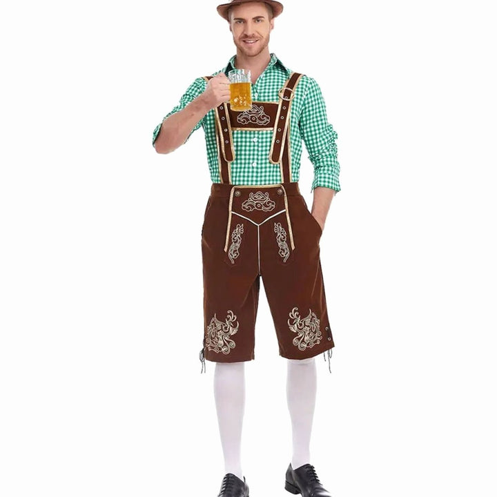 Oktoberfest Kniebundhose braun kombiniert mit grünem Karohemd und Trachtenhut