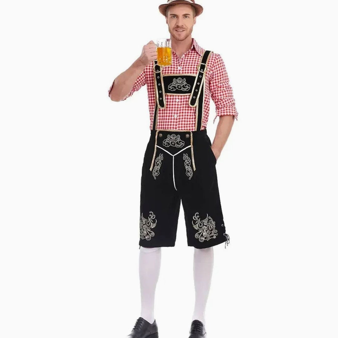 Herren Trachtenkostüm schwarze Lederhosen-Optik mit rot-weißem Karohemd