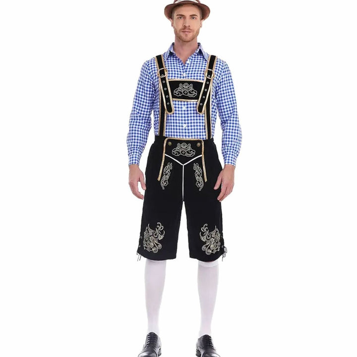 Kniebundhose schwarz mit goldener Stickerei und blau-weißem Karohemd