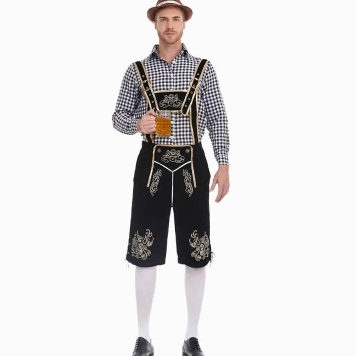 Trachten-Set schwarze Lederhosen-Stil Hose mit schwarz-weißem Karohemd