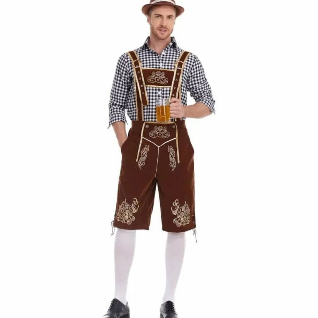 Oktoberfest Kostüm braune Kniebundhose mit schwarz-weißem Karohemd und Bierkrug