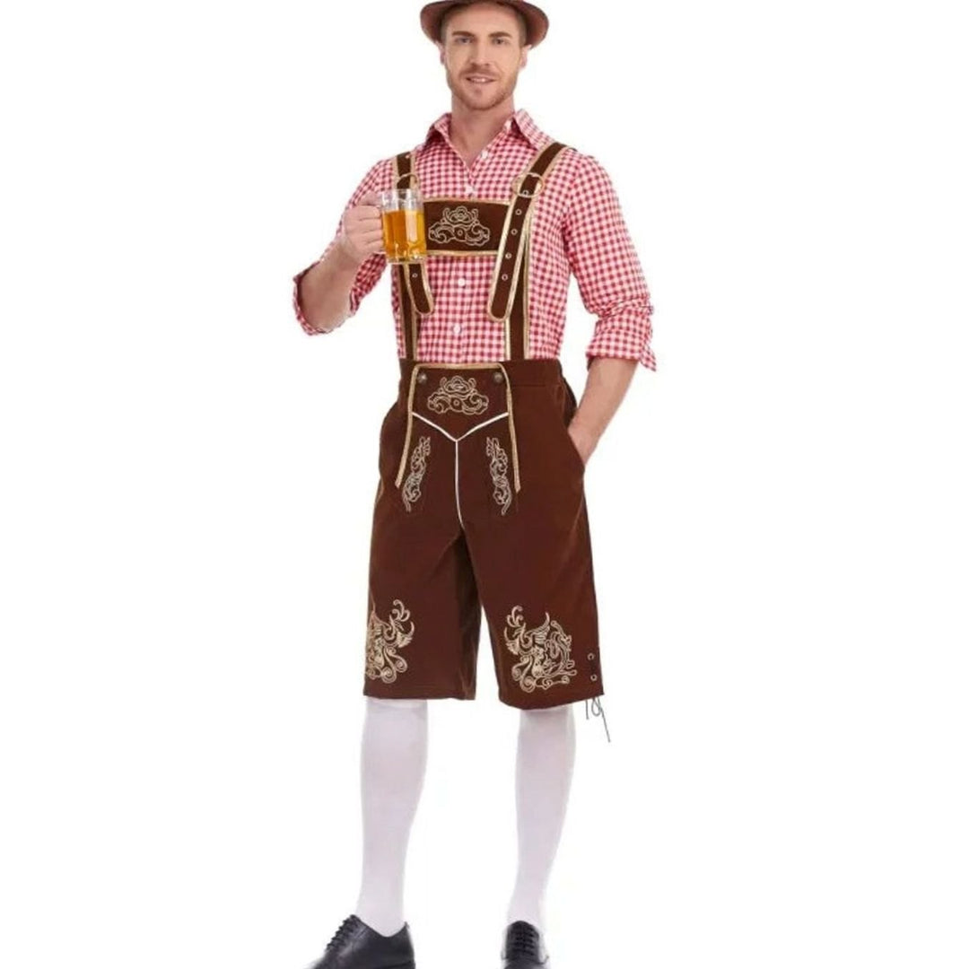 Herren Trachtenoutfit braune Lederhosen-Stil Hose mit rot-weißem Karohemd