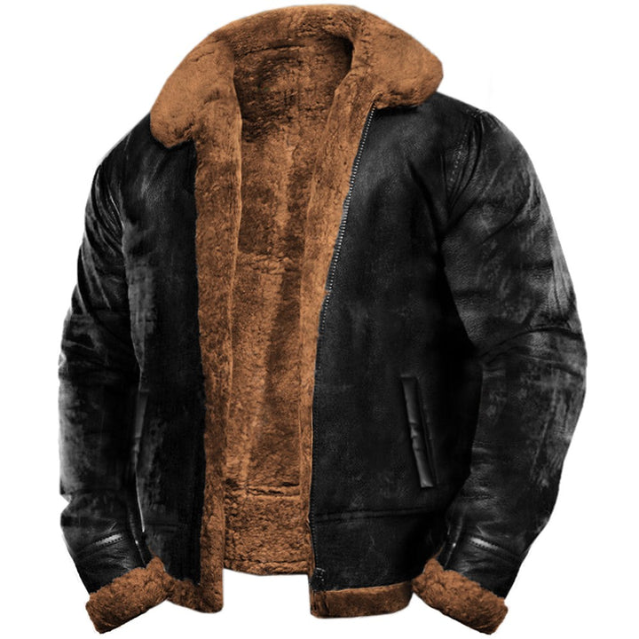 Herren Lederjacke schwarz mit braunem Fellkragen und Kunstfellfutter