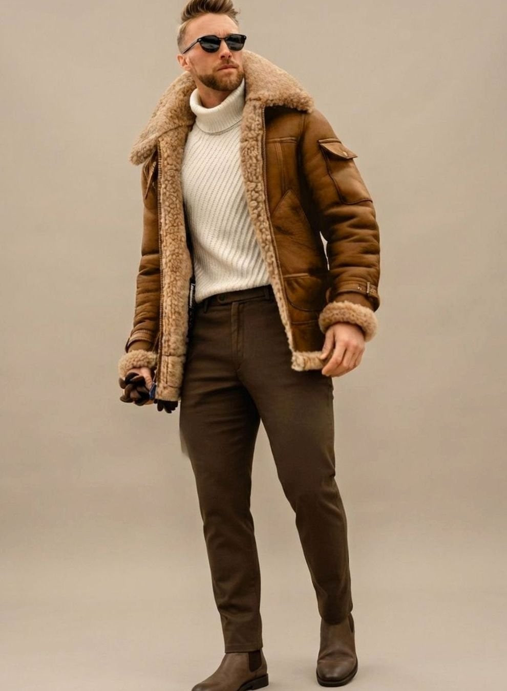 Herren Fliegerjacke in Cognac mit Kunstfell-Kragen und weißem Rollkragenpullover kombiniert