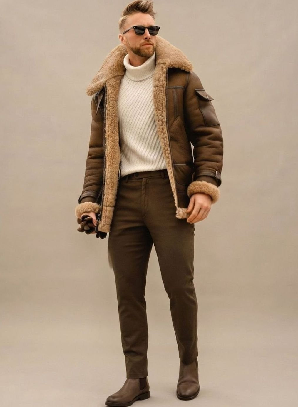 Braune Winterjacke in Leder-Optik mit Fellfutter zu dunkler Chino getragen
