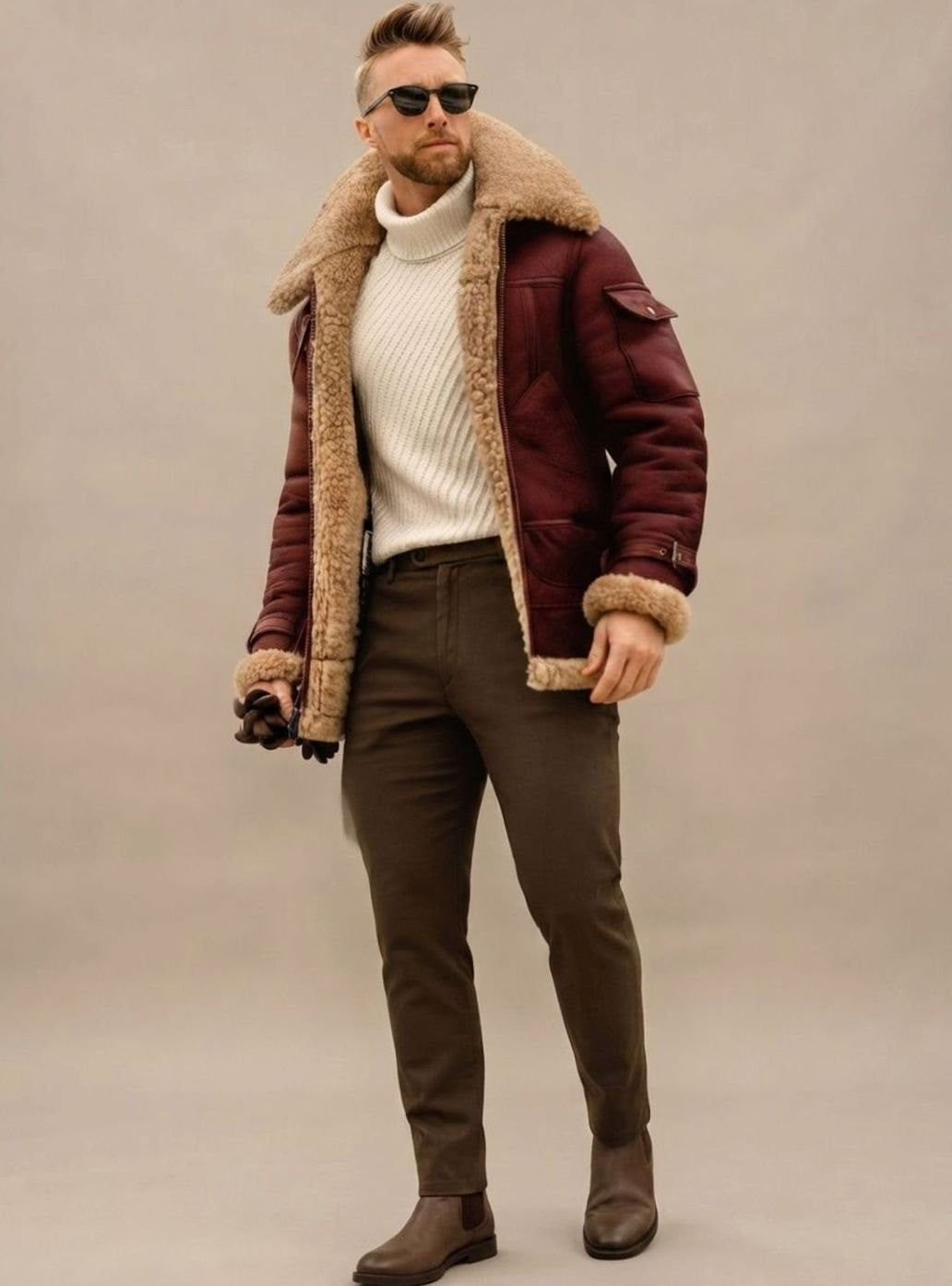Bordeauxrote Fliegerjacke mit Kunstfellkragen und Fellfutter im Herren-Winterlook
