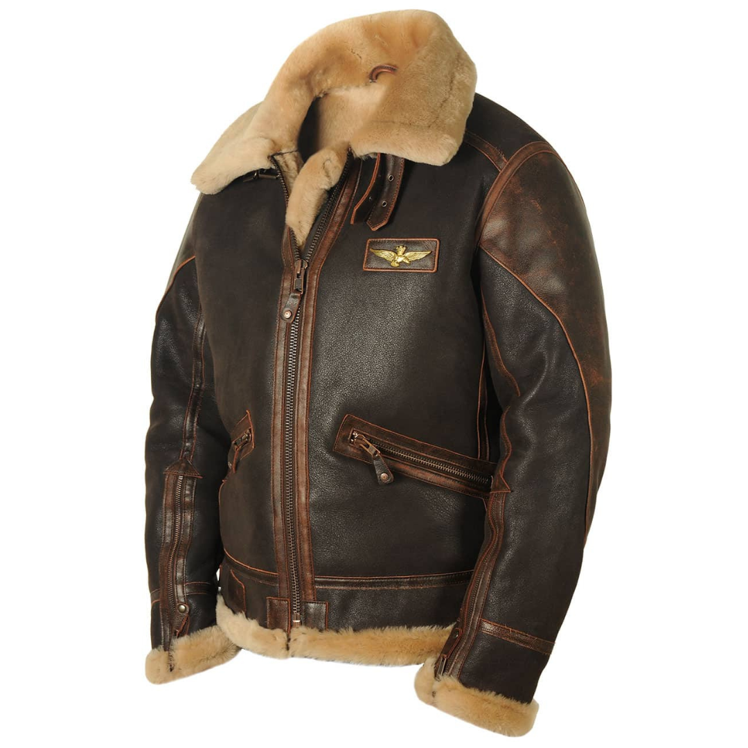 Braune Pilotenjacke aus Leder mit cremefarbenem Fellkragen und Adlerabzeichen