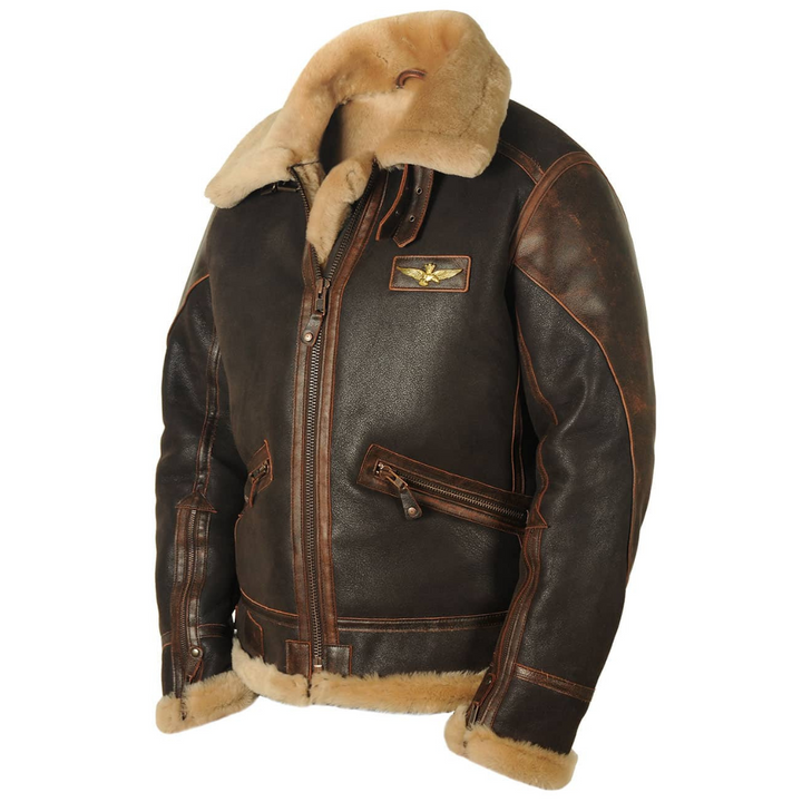 Braune Pilotenjacke aus Leder mit cremefarbenem Fellkragen und Adlerabzeichen