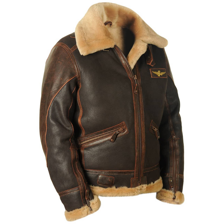 Dunkelbraune Fliegerjacke mit Shearling-Kragen und goldenem Flügelemblem