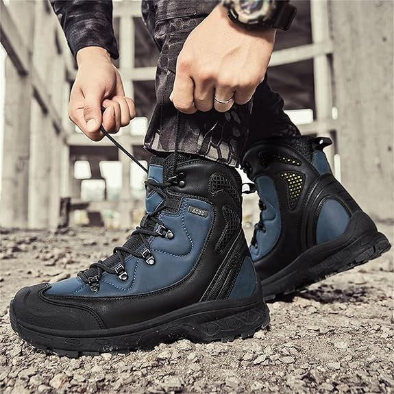 Taktische Stiefel in Blau-Schwarz beim Zubinden auf Outdoor-Untergrund
