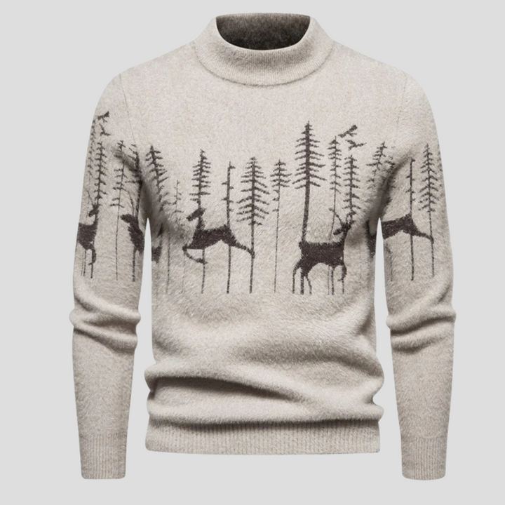Beige Herren-Rollkragenpullover mit Rentier- und Tannenmotiv, meliertes Strickgarn