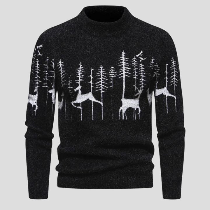 Schwarzer Herren-Strickpullover mit weißem Waldmotiv und Rentiermuster
