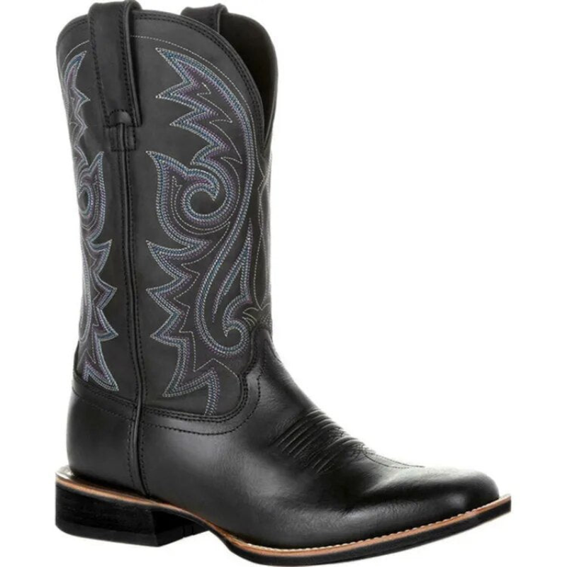 Schwarzer Western Cowboystiefel mit bunter Zierstickerei und eckiger Spitze