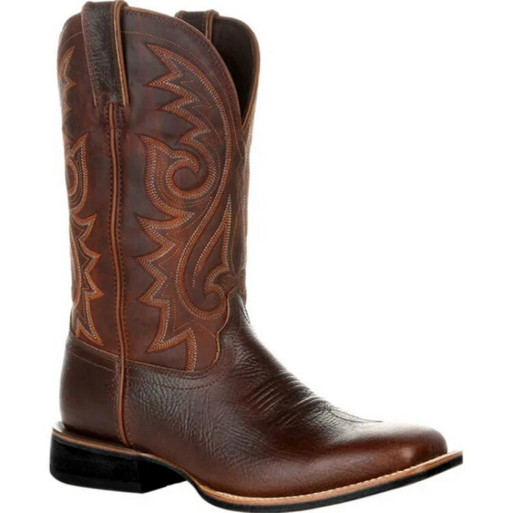Brauner Cowboystiefel aus Leder mit kontrastfarbener Stickerei am Schaft