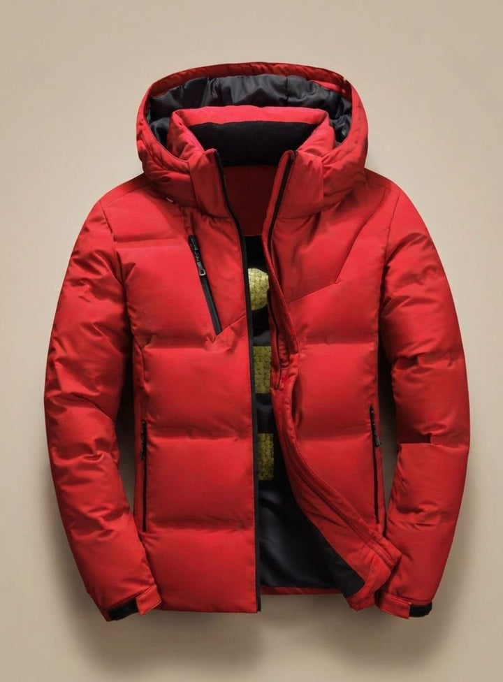 Rote Winterjacke Herren mit gefütterter Kapuze und Reißverschluss