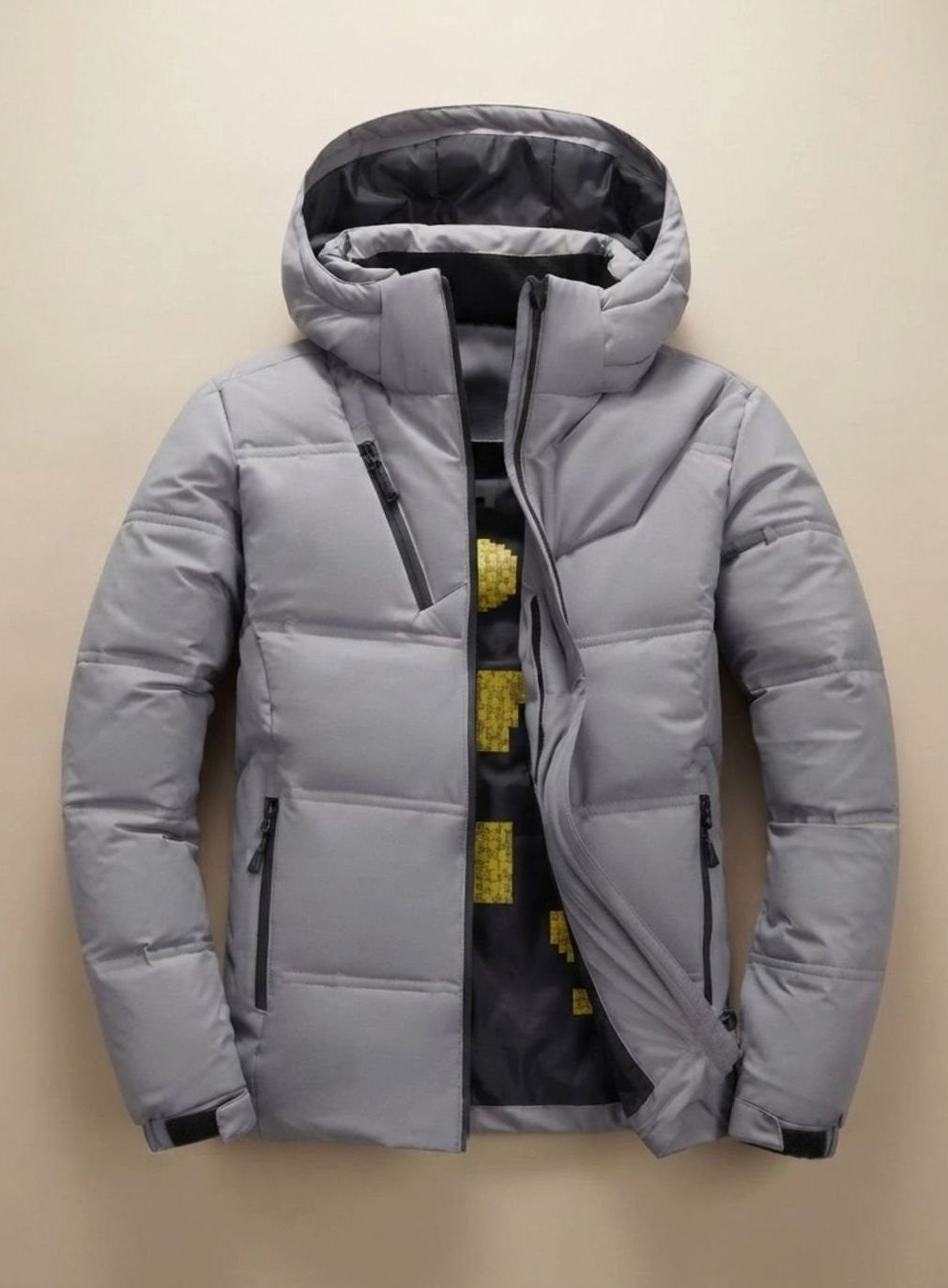 Graue gesteppte Winterjacke mit abnehmbarer Kapuze für Herren