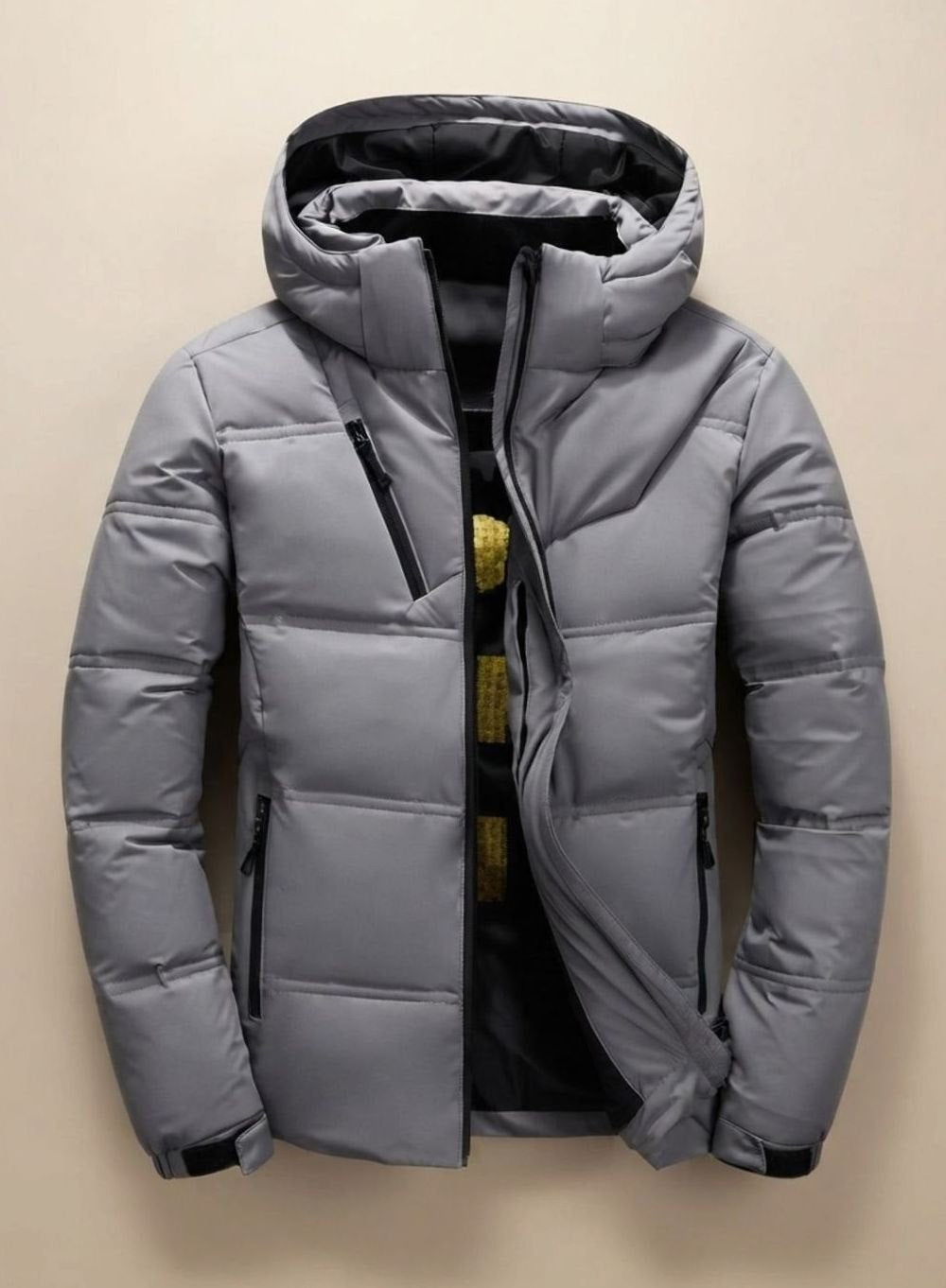 Graue Herren-Winterjacke mit Steppmuster und gefütterter Kapuze