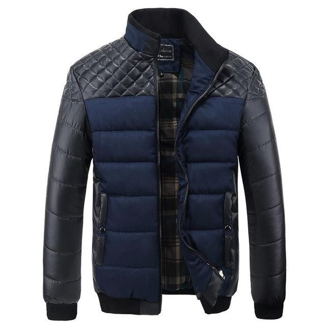 Herren Winterjacke dunkelblau mit gestepptem Lederbesatz und Stehkragen