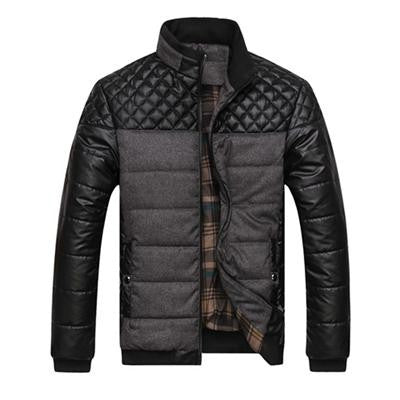 Herren Steppjacke schwarz-grau mit Kunstleder-Ärmeln und kariertem Innenfutter
