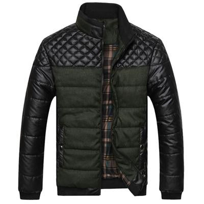 Herren Winterjacke dunkelgrün mit schwarzen Lederärmeln und Rautenmuster