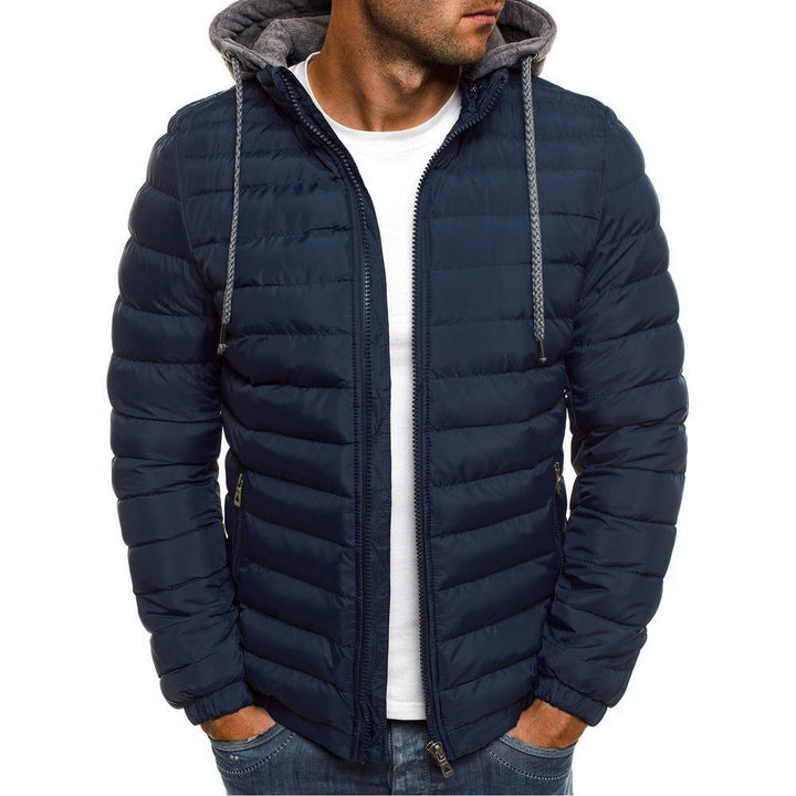 Dunkelblaue Steppjacke für Herren mit grauer Fleece-Kapuze