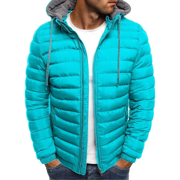 Türkise Herren-Steppjacke mit Kapuze und Kordelzug-Details