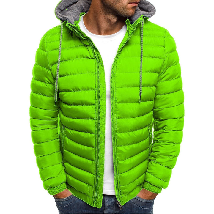 Neongrüne leichte Daunenjacke Herren mit Kapuze und Kordelzug