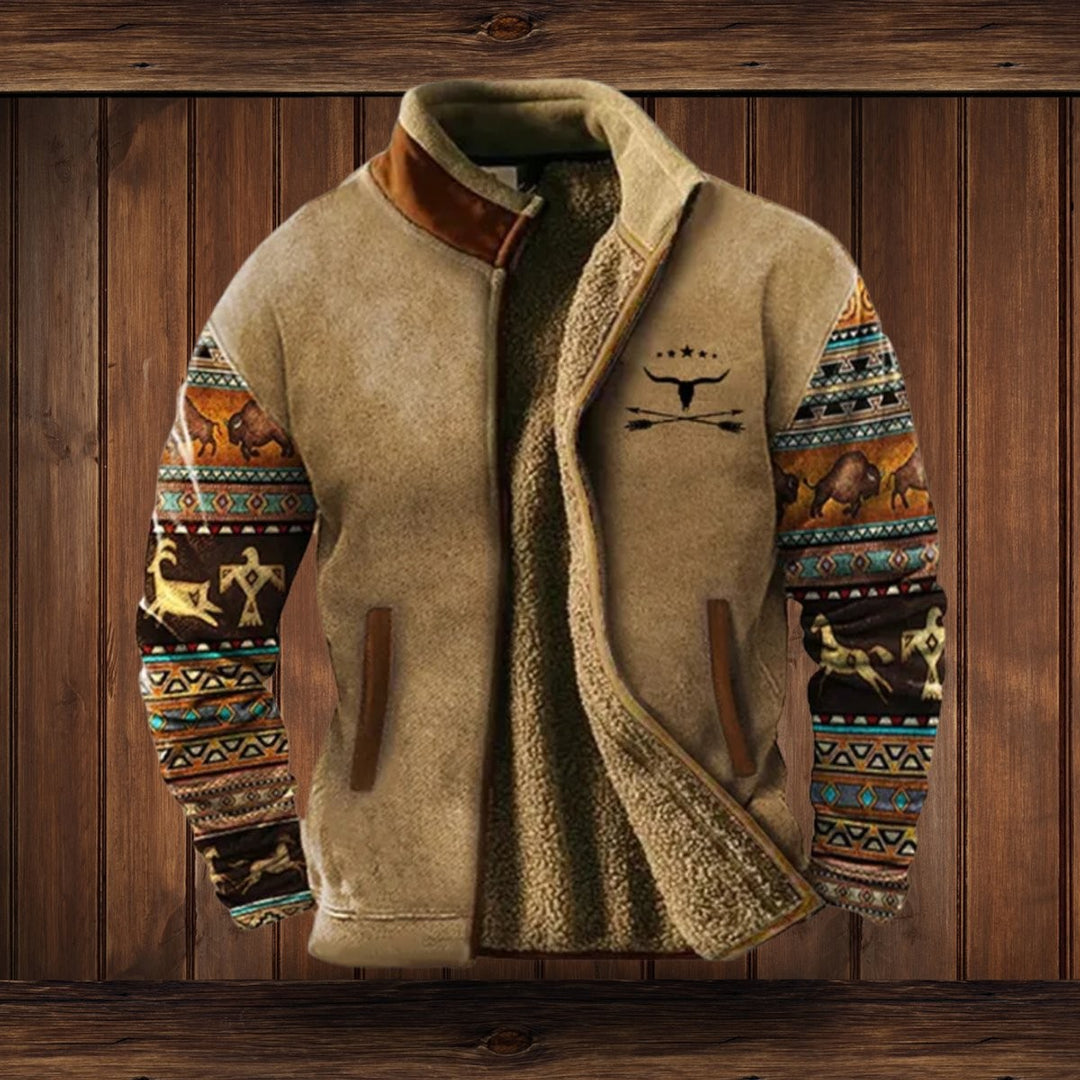 Fleecejacke beige mit Azteken-Muster Ärmeln und Sherpa-Futter, Stehkragen