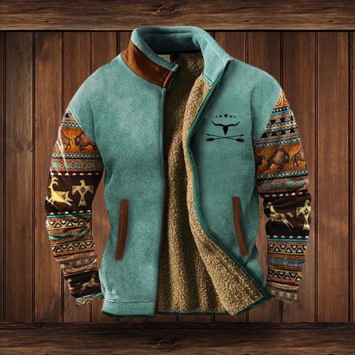 Fleecejacke türkis mit Azteken-Muster Ärmeln und Kunstleder-Kragen, Reißverschluss