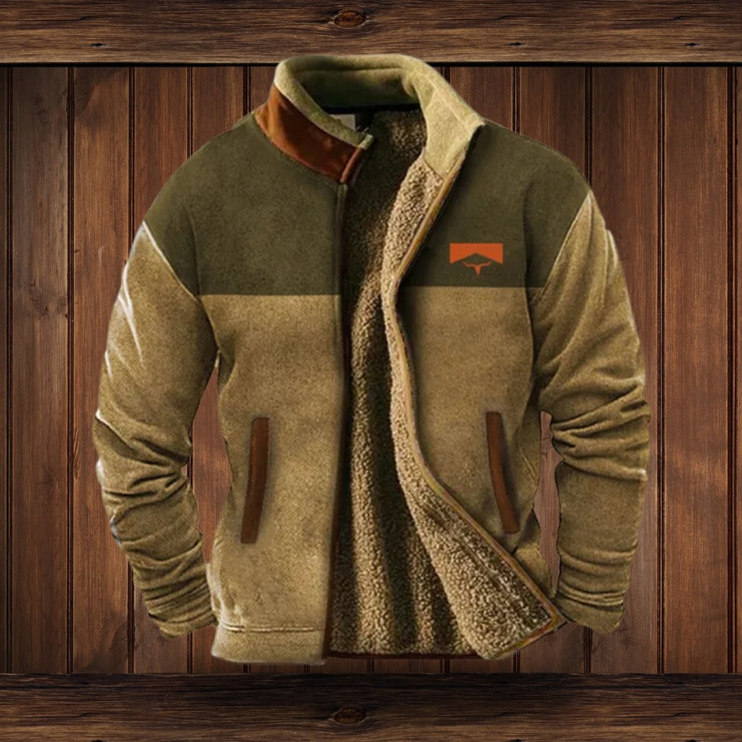 Fleece-Outdoorjacke beige-oliv im Colorblock-Design mit Sherpa-Futter