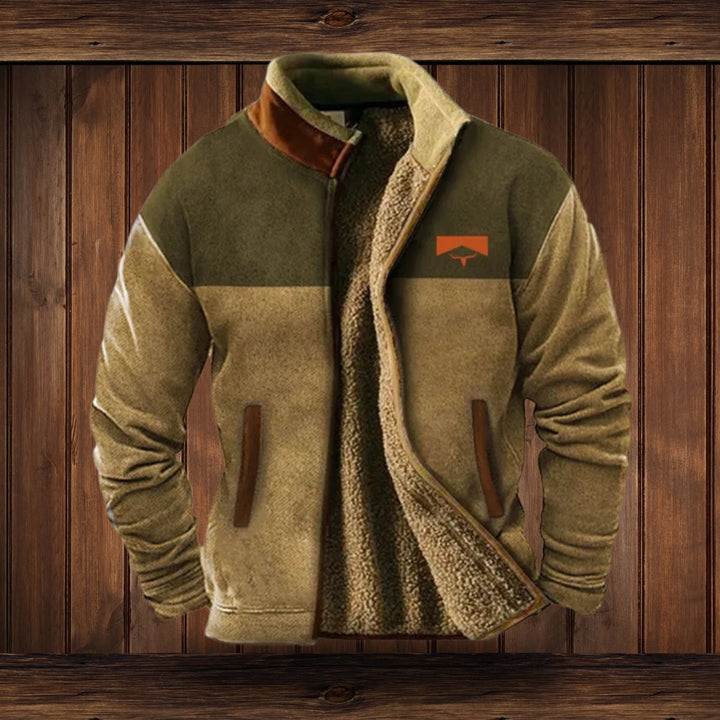 Fleece-Outdoorjacke beige-oliv im Colorblock-Design mit Sherpa-Futter