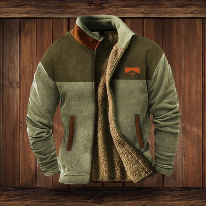 Fleece-Outdoorjacke olivgrün im Colorblock-Look mit Kunstleder-Kragen