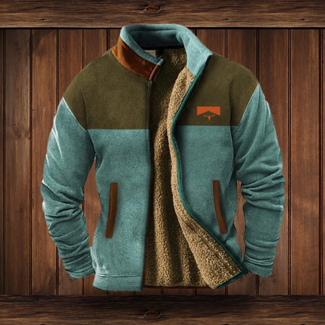 Fleecejacke mintgrün-oliv im Colorblock-Stil mit Sherpa-Innenfutter