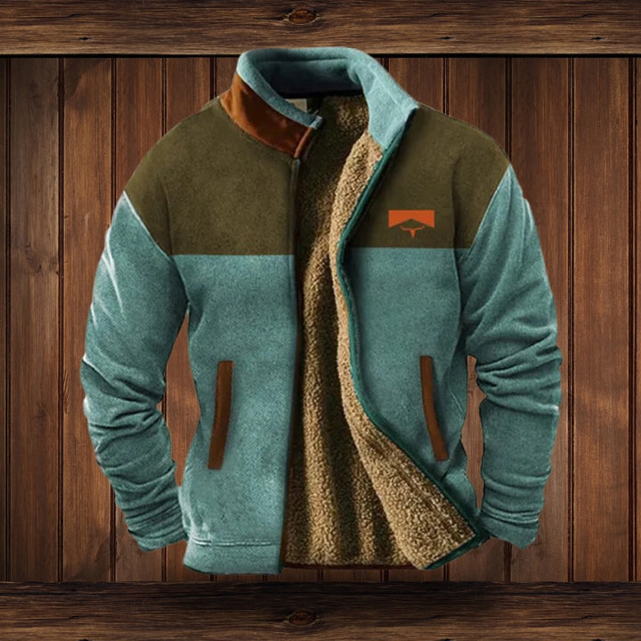 Fleecejacke mintgrün-oliv im Colorblock-Stil mit Sherpa-Innenfutter