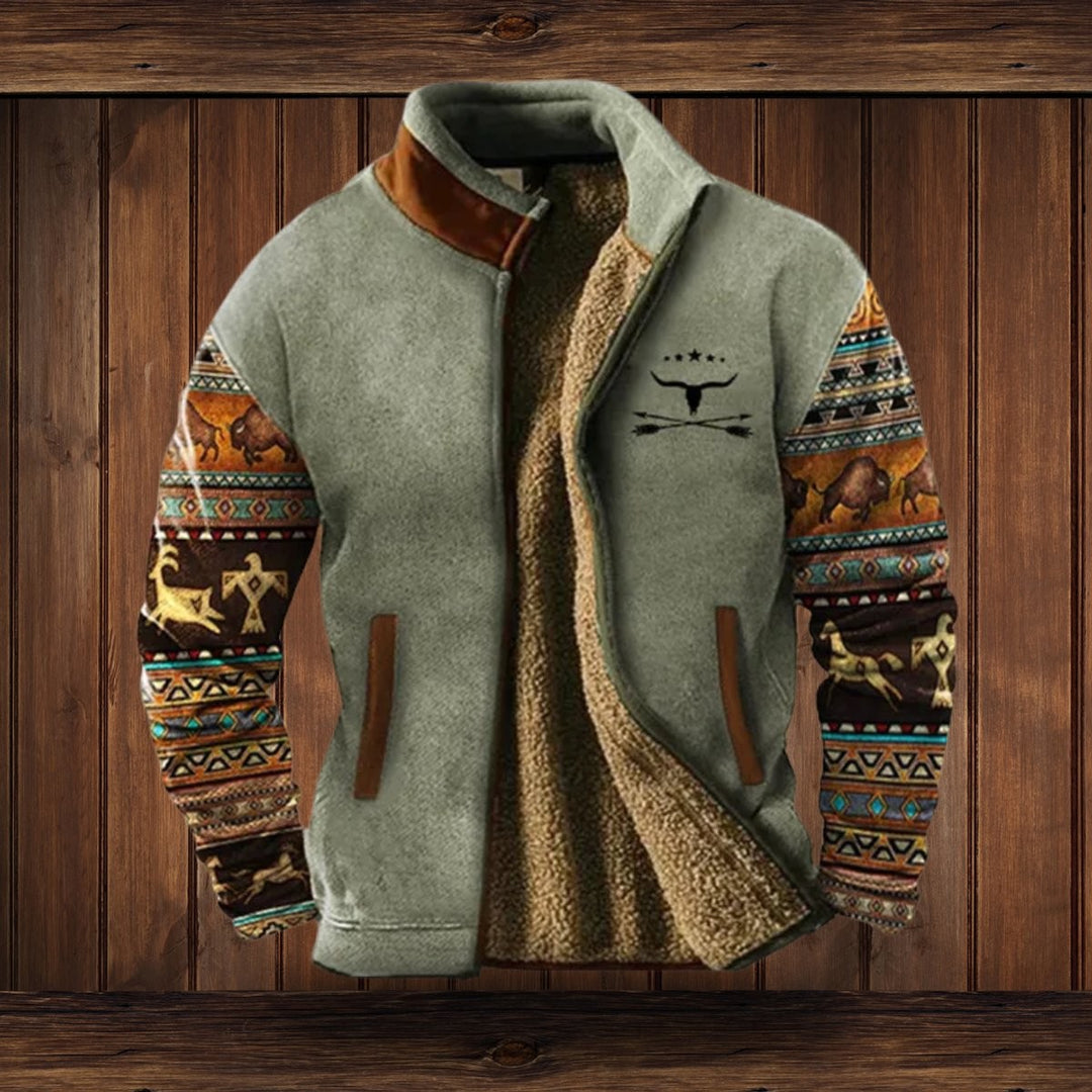 Fleecejacke graugrün mit Azteken-Muster Ärmeln und Büffelkopf-Print