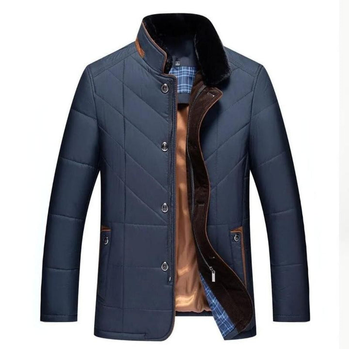 Warme Herrenjacke dunkelblau mit Pelzkragen und Karo-Innenfutter