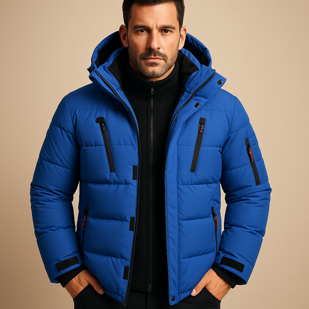 Blaue gesteppte Winterjacke mit Kapuze und Reißverschlusstaschen für Herren