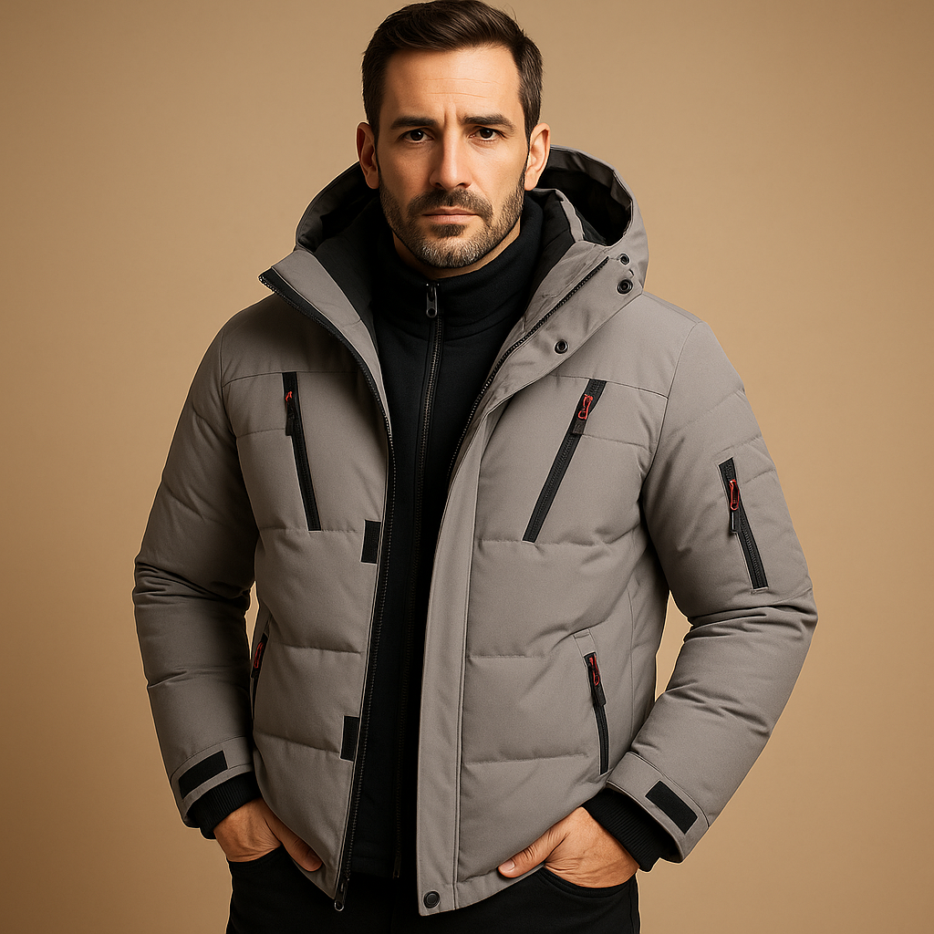 Graue dick gepolsterte Winterjacke mit Kapuze und mehreren Reißverschlusstaschen