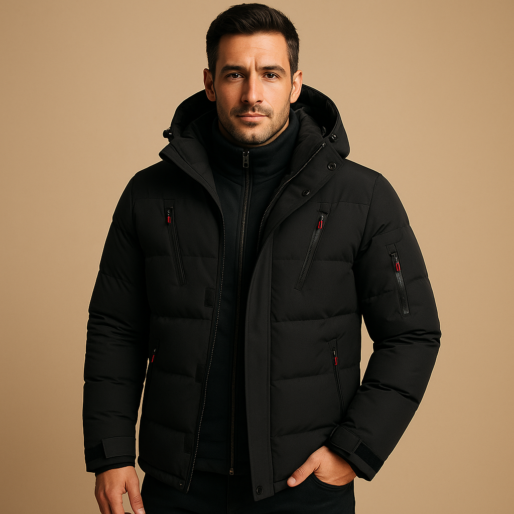 Schwarze gesteppte Herren-Winterjacke mit Kapuze und Kontrastreißverschlüssen