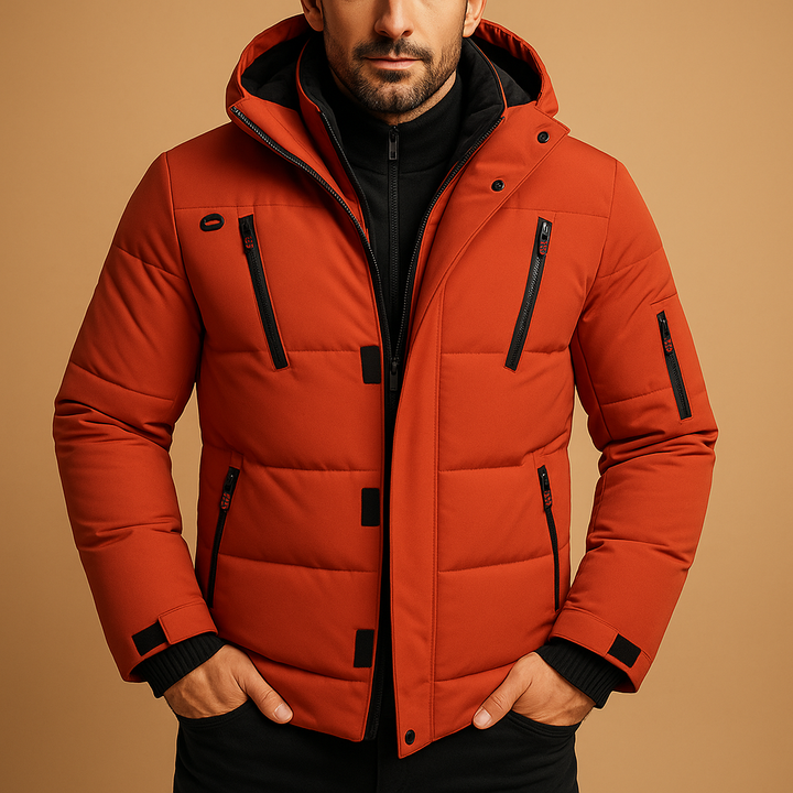 Orangefarbene wattierte Winterjacke mit Kapuze und schwarzen Reißverschlusstaschen