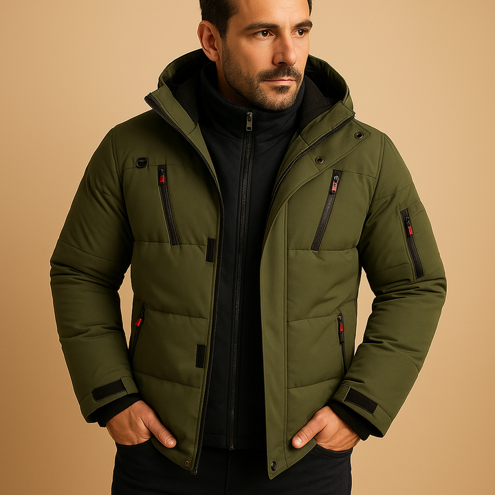 Olivgrüne gepolsterte Winterjacke mit Kapuze im schlanken Herrenschnitt
