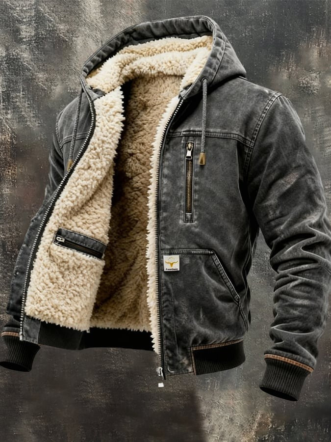 Herren Jeansjacke mit Kapuze und warmem Teddyfutter in Anthrazit