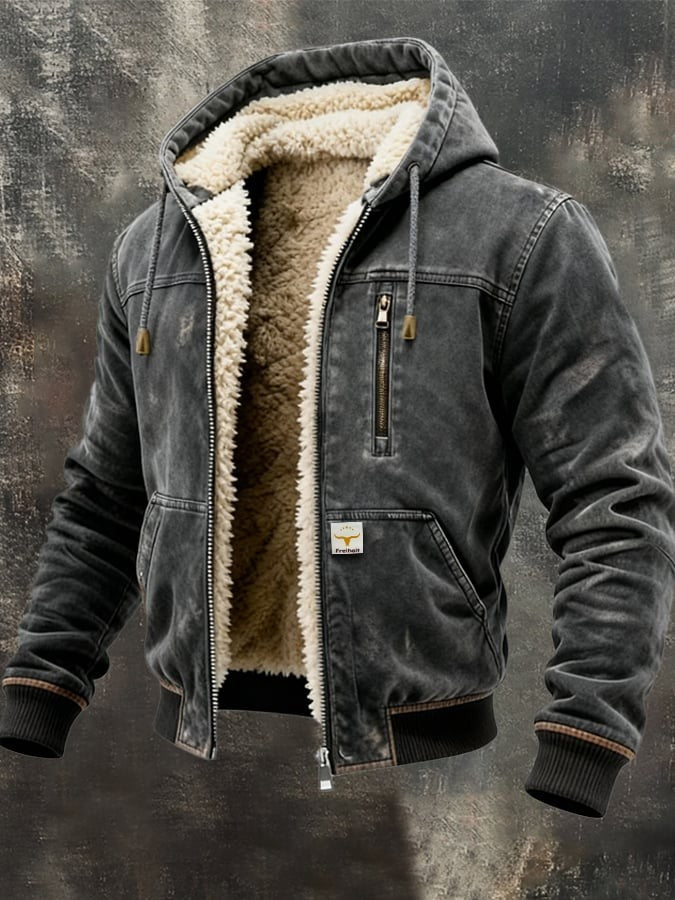 Gefütterte Denim-Jacke mit Kapuze, Reißverschluss und Fellimitat innen