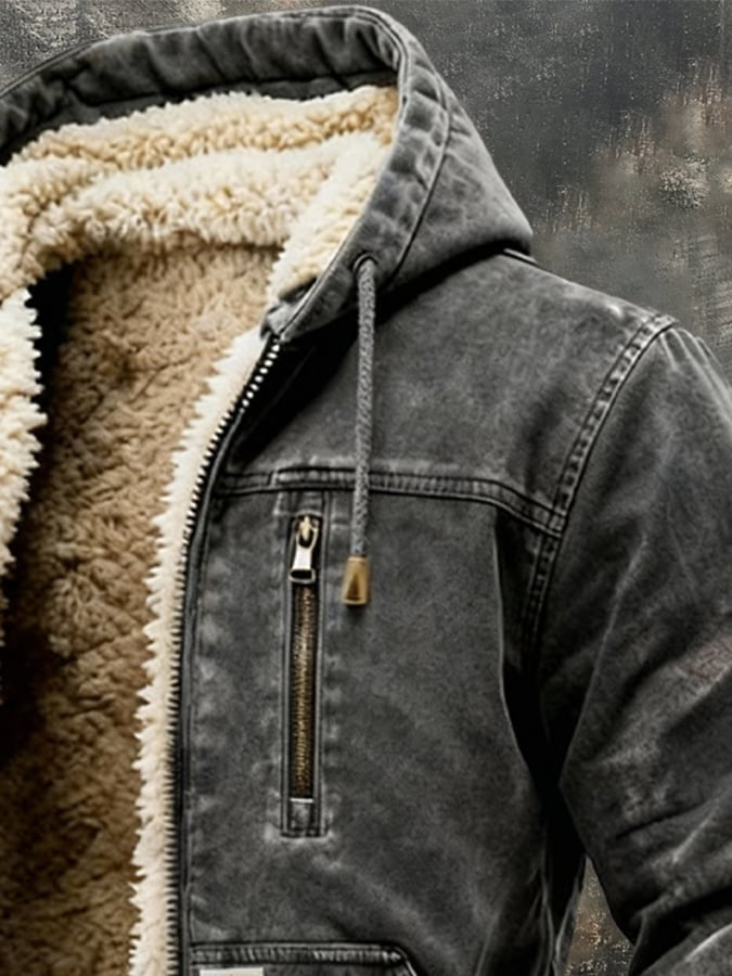 Nahaufnahme Kapuze und Brusttasche der Thermojacke mit Sherpa-Futter