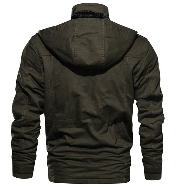 Herren-Cargojacke in Olivgrün mit Kapuze, Rückenansicht mit Steppnähten